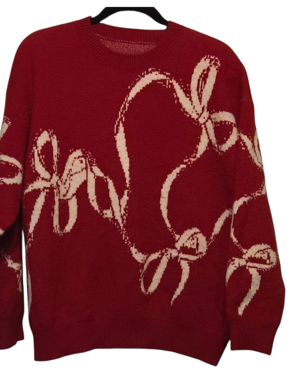 Cider Red Crewneck Sweater with Cream Ribbon Motif